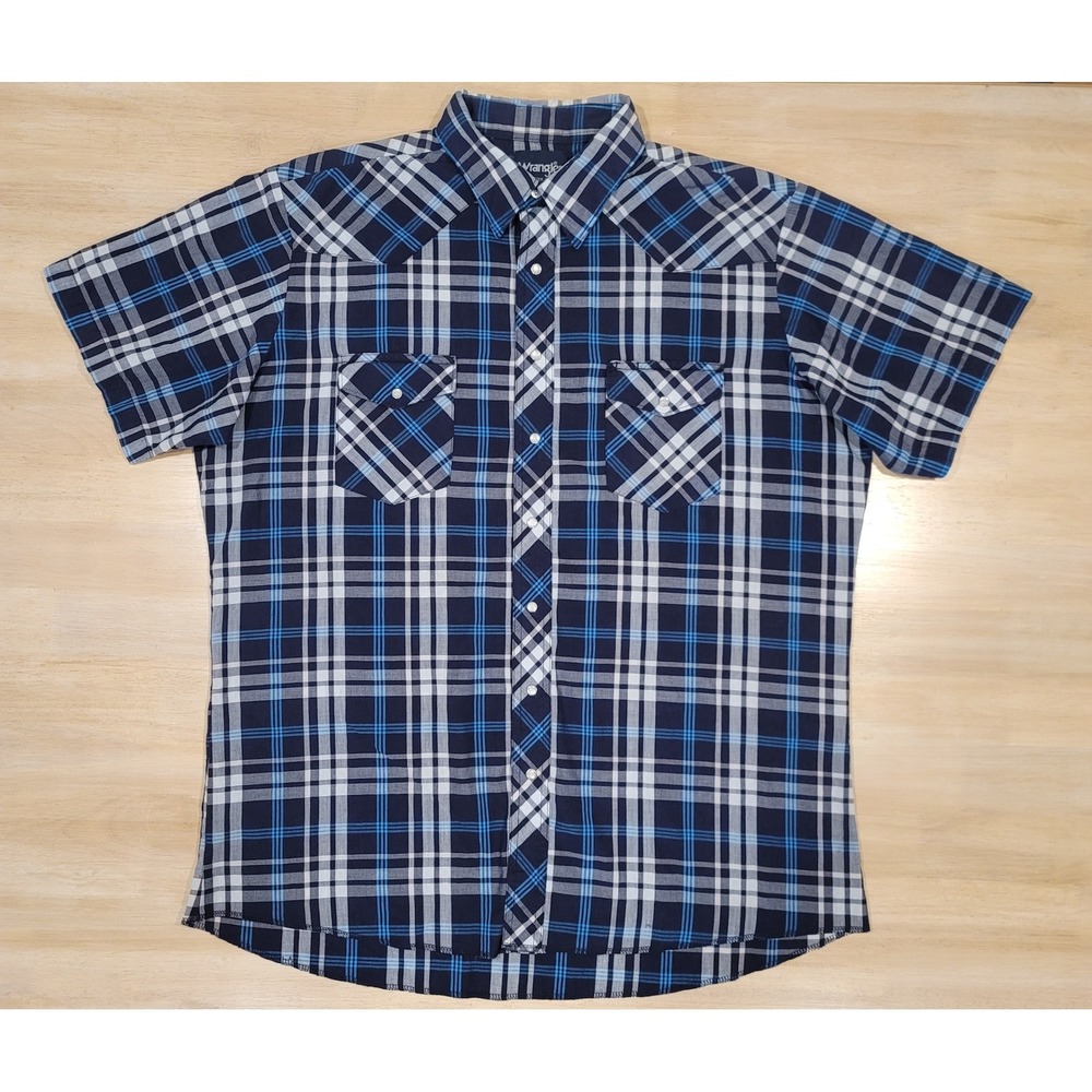 Wrangler Western Shirt Mens XL Navy Blue Plaid Pearl Snap Short Sleeve Yoke